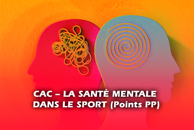 Silhouette rose avec fil mélangé au niveau du cerveau et silhouette bleue avec fil bien tourné au niveau du cerveau de dos de chacune d'elles avec écrit en avant plan CAC- la santé mentale dans le sport (Points PP)