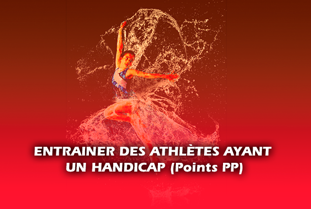 Jeune filles gymnaste qui prend sont élan et un splash d'eau qui semble lui donner des ailes. Écrit en avant plan entrainer des athlètes ayant un handicap (points PP)