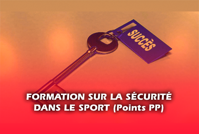 Une clé allongée à l'ancienne avec une étiquette bleu écrit succès en jaune, en avant plan est écrit formation sur la sécurité dans le sport (Points PP)