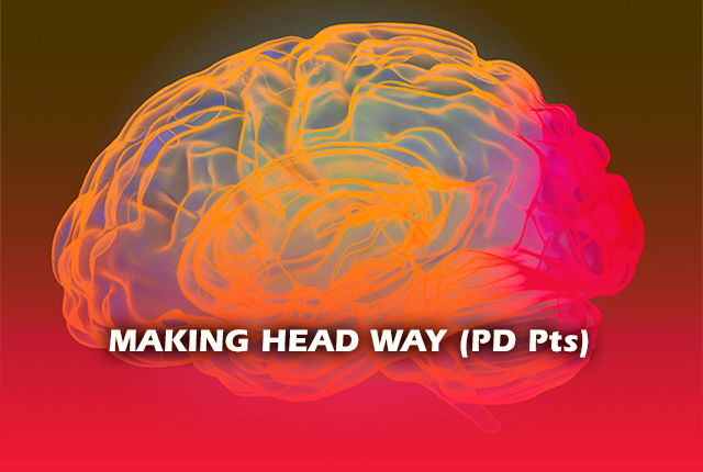 Center of the image is a colourful representation of a brain. Written front of the image : Making head way )PD Pts)