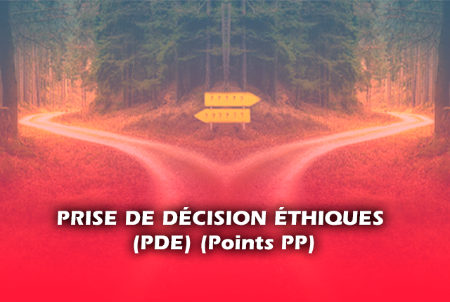 Dans une forêt, chemin principale qui se divise en 2 avec deux pancarte avec points d'interrogations points chaque chemin, écrit en avant plan prise de décisions éthiques (pie) (points PP)