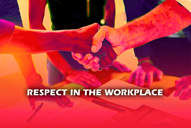 Handshake center of the image with an office space background. Written front of the image: Respect in the workplace